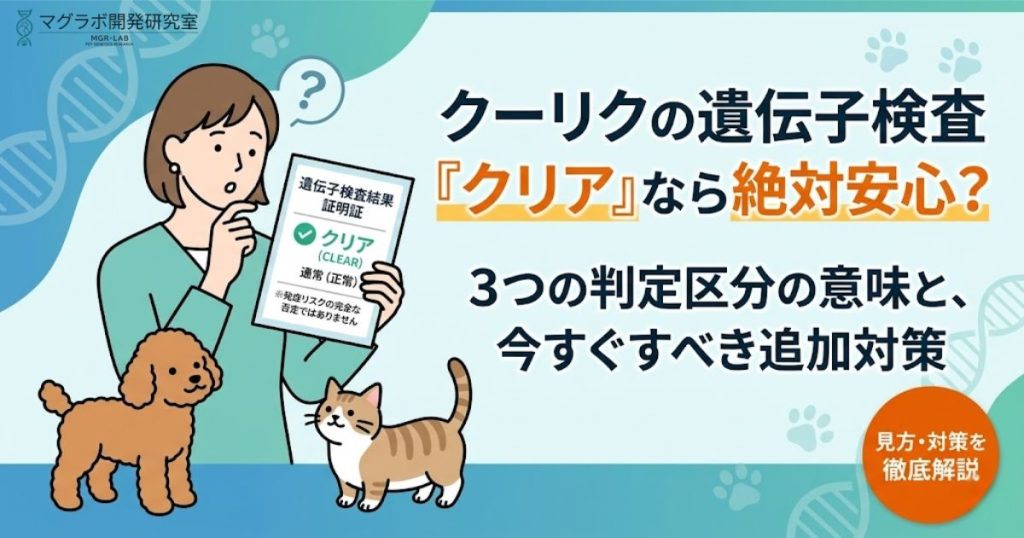クーリク遺伝子検査の解説記事アイキャッチ。「クリア」判定の意味や3つの区分の見方、購入後の追加対策を解説する内容を訴求
