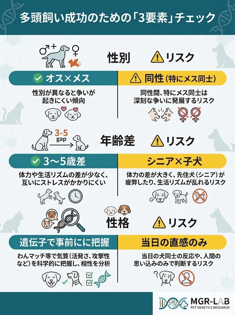 多頭飼いの相性を決める性別、年齢差、性格の3つの要素を比較した表。理想的な組み合わせと注意すべき組み合わせを一覧化。