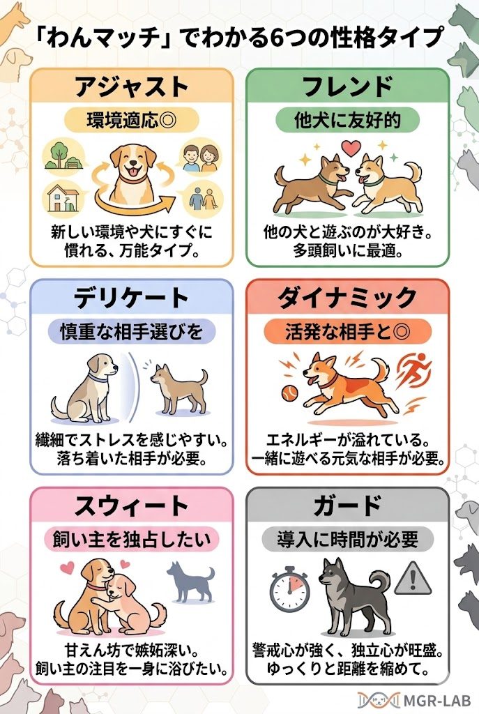 遺伝子検査わんマッチで分類される6つの犬の性格タイプ（アジャスト、フレンド、デリケート、ダイナミック、スウィート、ガード）とそれぞれの多頭飼い適性の図解。