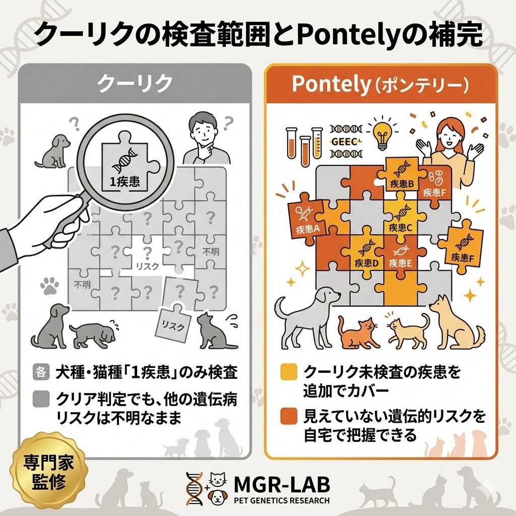 クーリクの検査範囲とPontelyの補完を図解。クーリクは1疾患のみ検査するため、Pontelyで未検査の疾患を追加カバーできる関係性を比較
