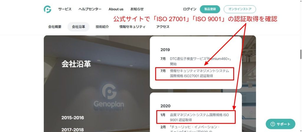 ジェノプラン公式サイトのISO認証取得の記載（2026年7月時点）